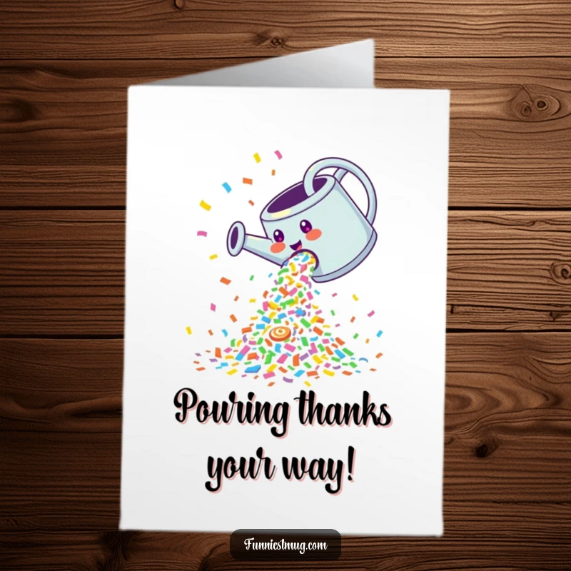 Funny Free Printable Thank You Card: Mirthful watering can tipping over, showering colorful confetti in thanks.