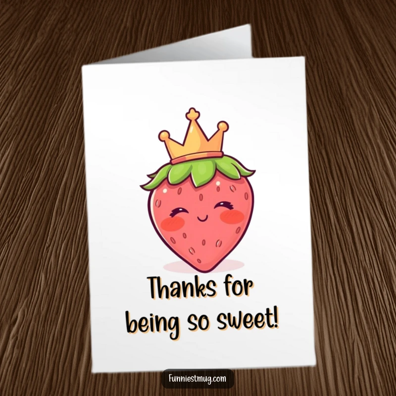 Funny Free Printable Thank You Card illustration of a blushing strawberry in a crown, giving a charming wink of thanks.