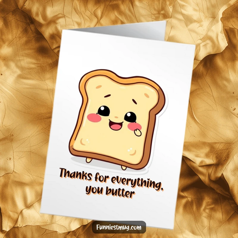 Funny Free Printable Thank You Card with a cute toast slice character comically trying to bite its own crust, a humorous thank you.