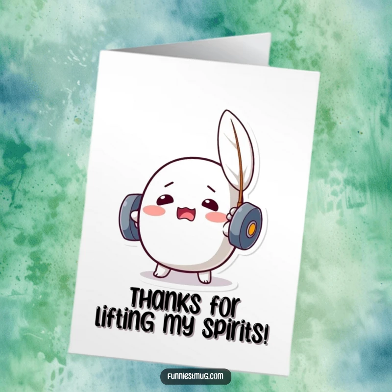 Funny Free Printable Kawaii dumbbell character straining to lift a feather, conveying thanks with humorous gym effort.