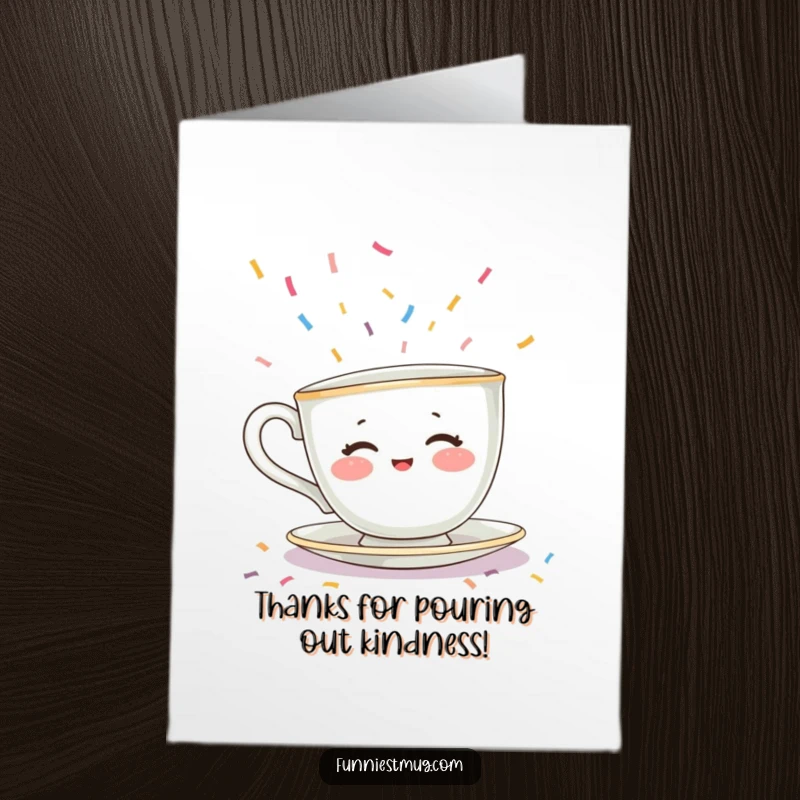 Funny Free Printable Thank You Card: Shy teacup character with rosy cheeks flees a flood of tiny colorful sprinkles.