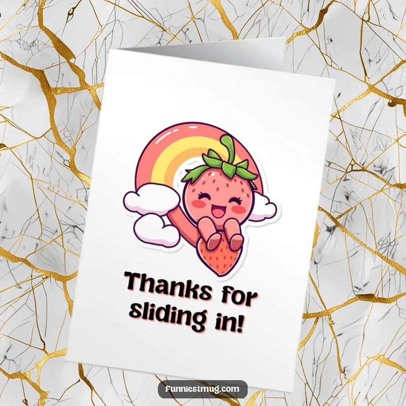 Funny Free Printable Thank You Card: Happy Strawberry slides down a rainbow, expressing heartfelt thanks.