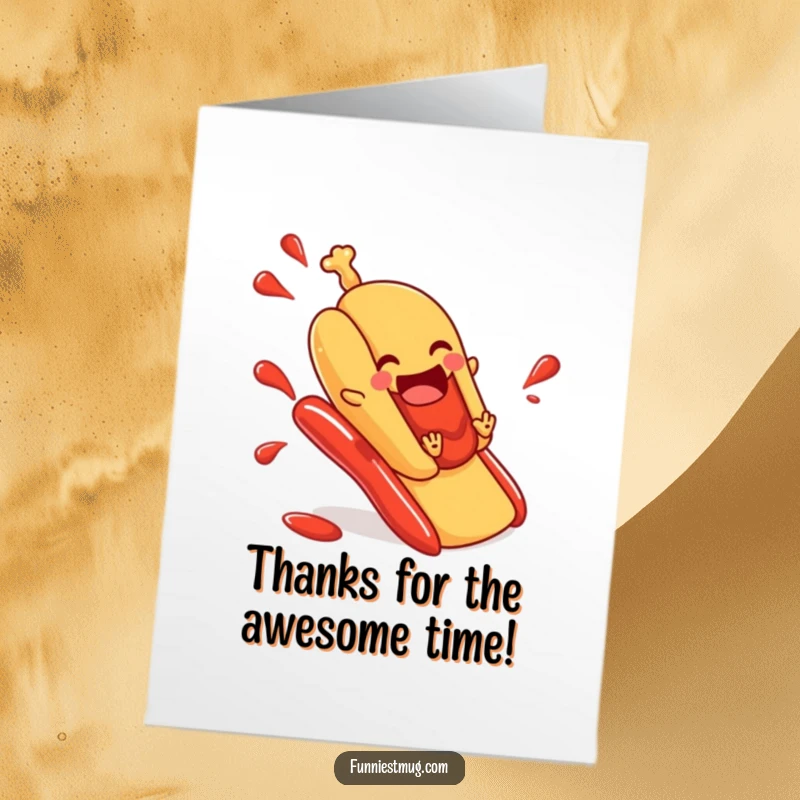 Funny Free Printable Thank You Card illustrating a joyful hot dog in a bun sliding down a ketchup slide, expressing thanks.