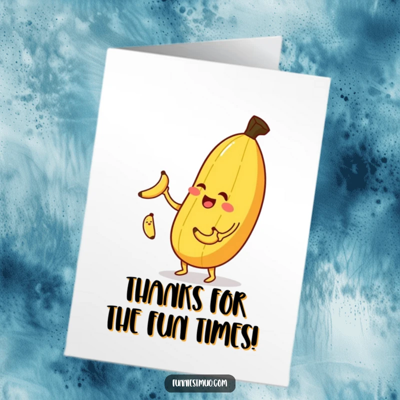 Funny Free Printable Thank You Card: A joyful banana performing a juggling act with smaller bananas, sending thanks with a playful wink.