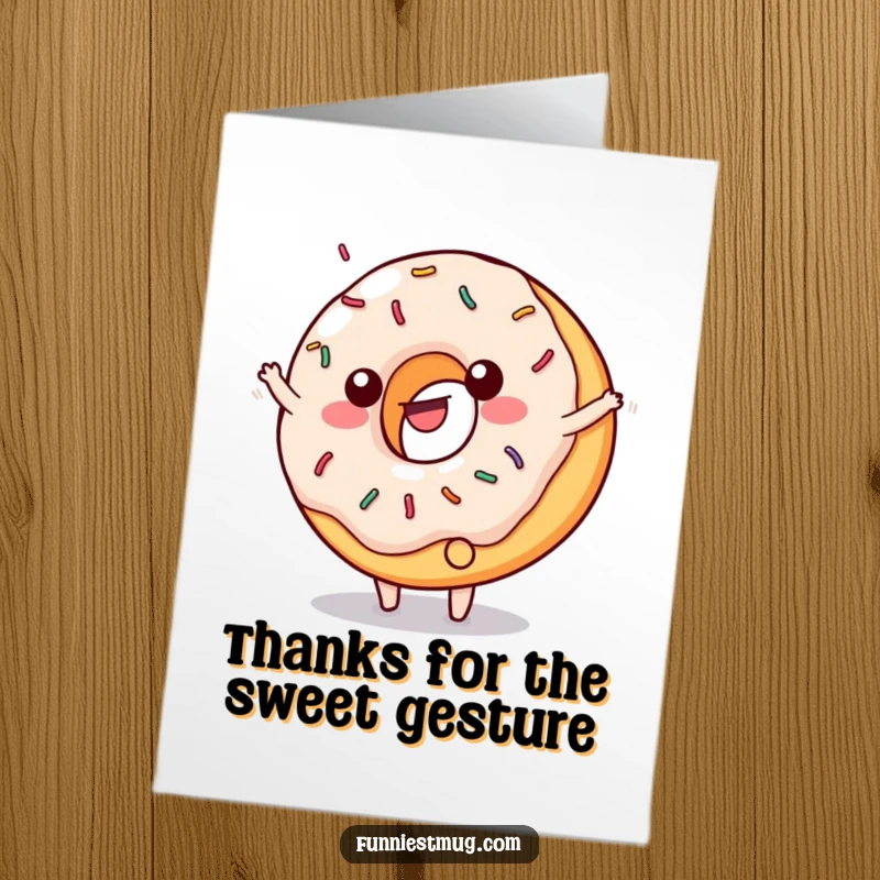Funny Free Printable Thank You Card: A happy donut cartwheels, frosting and sprinkles scattering in a joyous display.