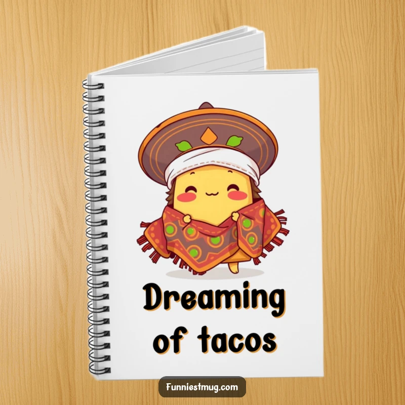 Funny proud taco character comically wearing a sombrero as a blanket, Mexican food humor on a notebook cover.