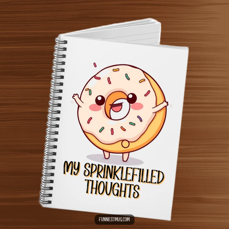Funny notebook cover featuring a happy, sprinkled donut doing a cartwheel with frosting flying.