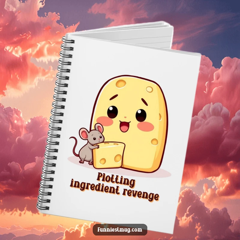 Funny Kawaii notebook with a surprised cheese character and a tiny mouse stealing a wedge on the cover.