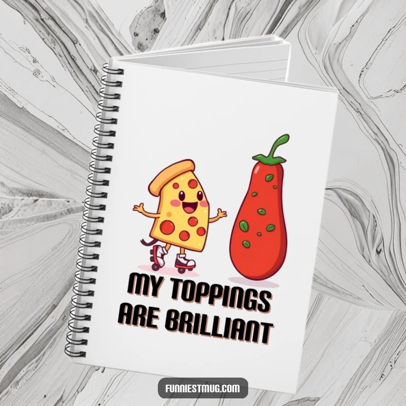Funny Pizza Roller Skater Notebook: A smiling pizza character wobbles on skates towards a pepperoni, ideal for funny notes.