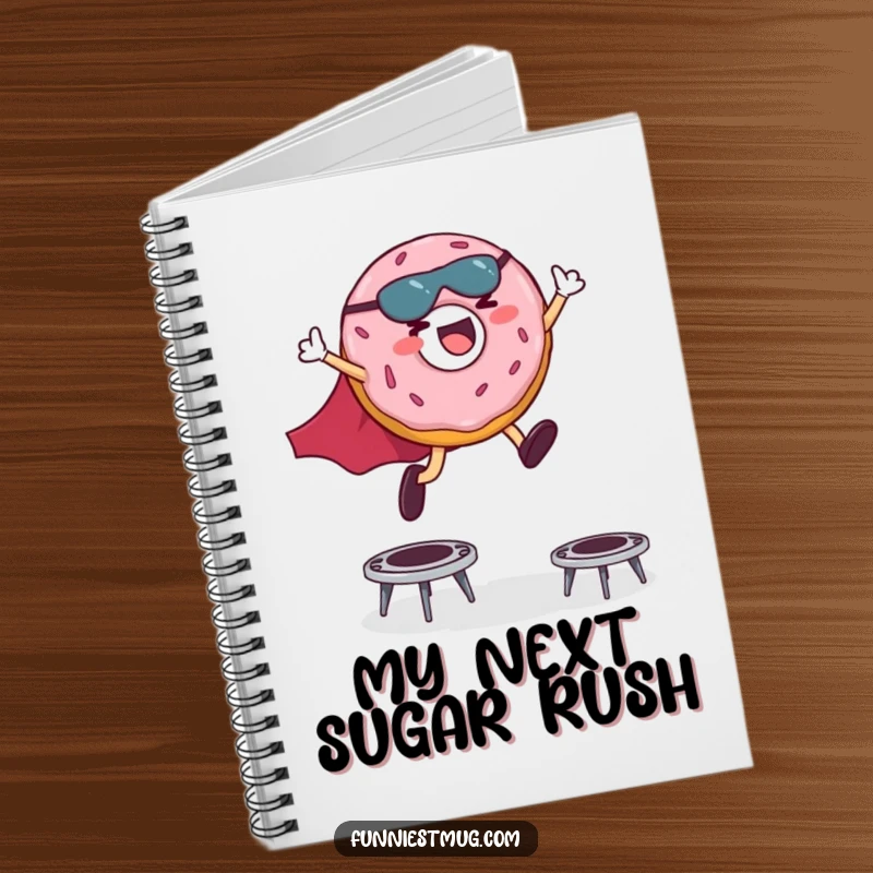 Funny notebook cover with a giggling donut superhero in a cape leaping over miniature trampolines, ready for notes.