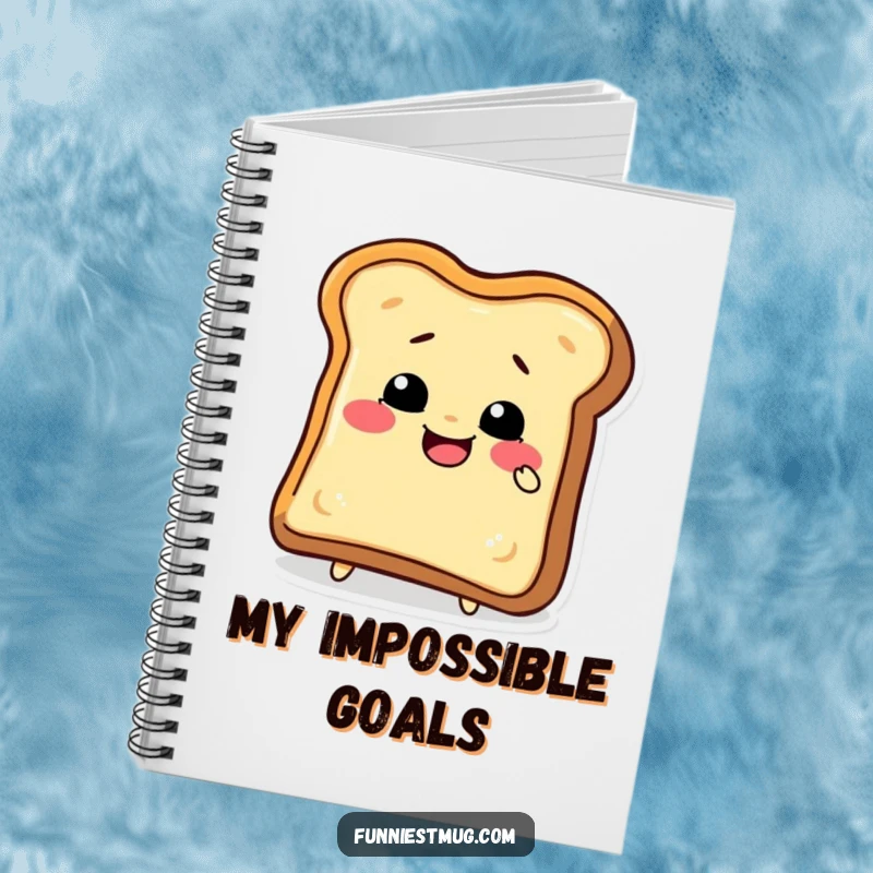 Funny toast slice character in a comical biting attempt on a notebook cover, encouraging humorous note-taking and funny gift ideas.