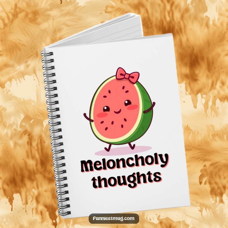 Funny notebook with a cheerful watermelon slice wearing a bow, comically tripping, perfect for jotting down fruity thoughts.