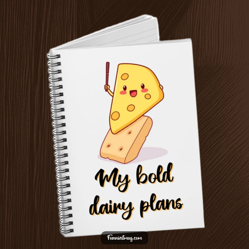Funny notebook cover with a determined cheese wedge pole vaulting over a cracker, ideal for jotting notes with a humorous and athletic dairy flair.