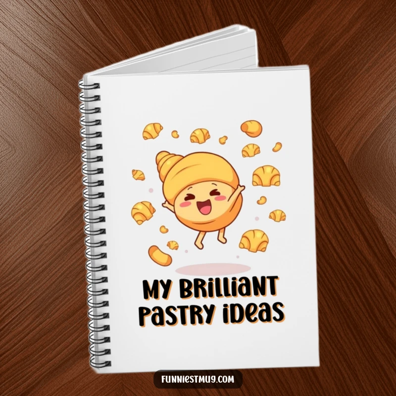 Funny notebook cover with a croissant character gleefully doing a cartwheel, surrounded by flying butter croissants, ideal for jotting notes with a humorous bakery flair.