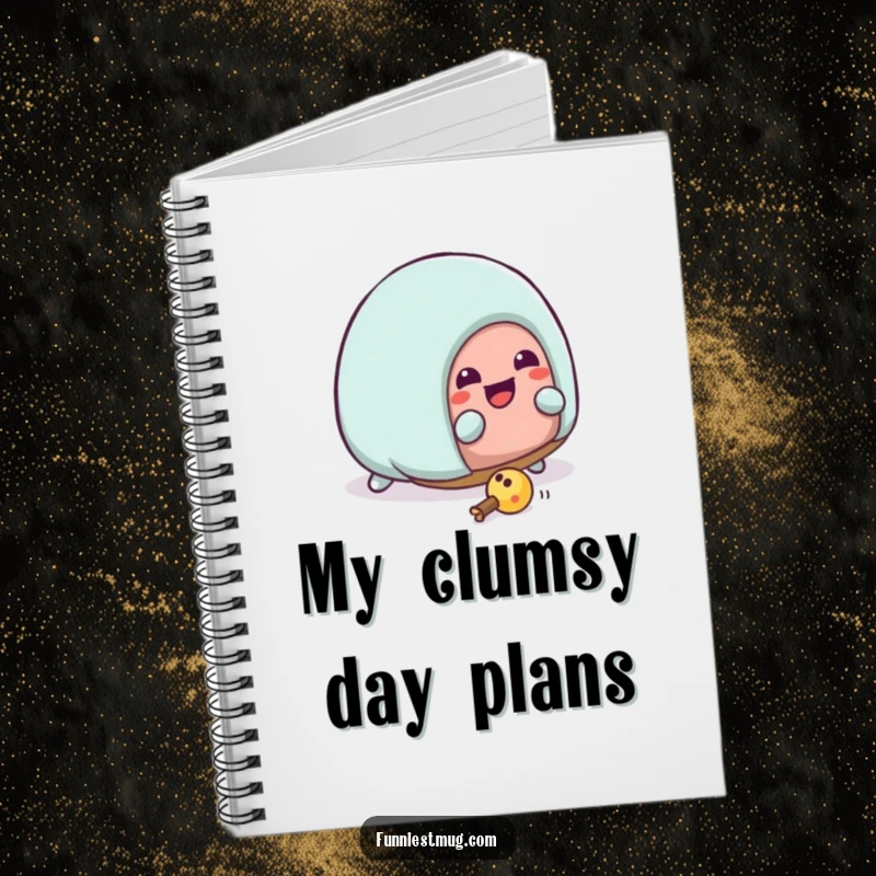 Funny Kawaii house slipper character hilariously tripping over a toy, inspiring humorous thoughts in this notebook.