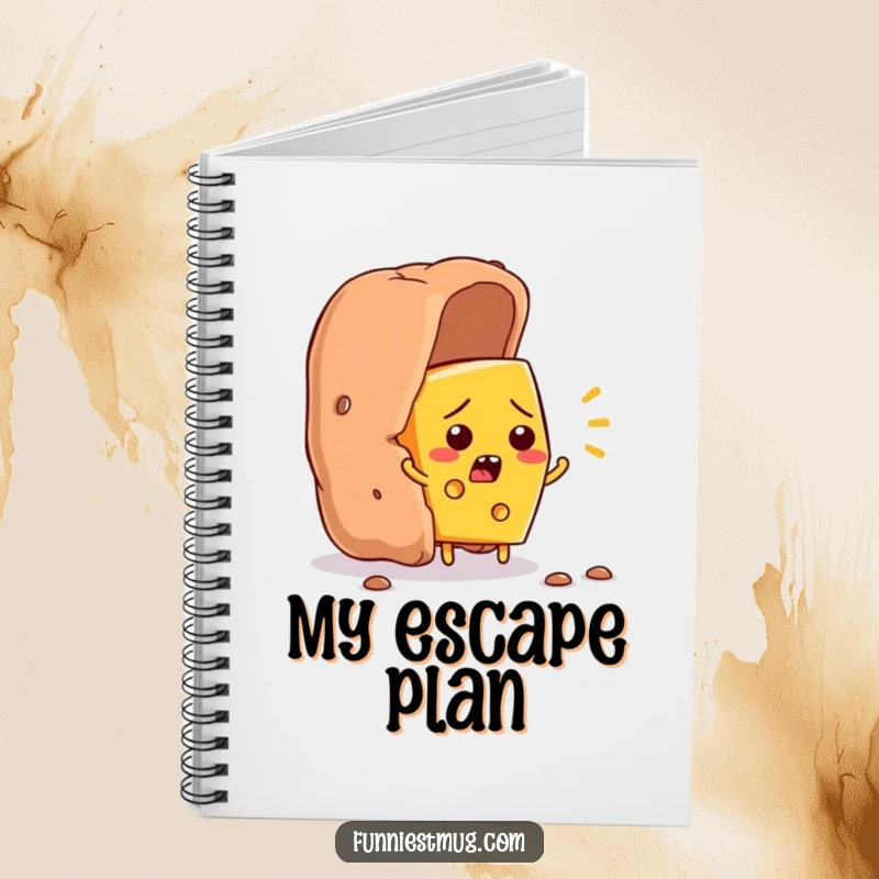 Funny cheese slice character flustered, trying to escape a giant cracker, humorous food art on a notebook cover.