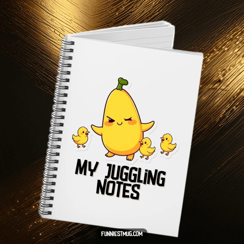 Funny notebook cover with a mischievous banana character winking and juggling tiny rubber chickens, encouraging creative writing.