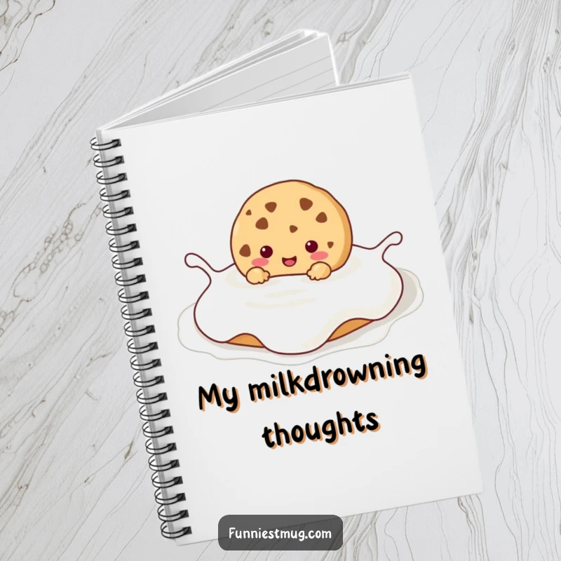 Funny Kawaii cookie character happily drowning in a large milk puddle, inspiring sweet thoughts in this humorous notebook.