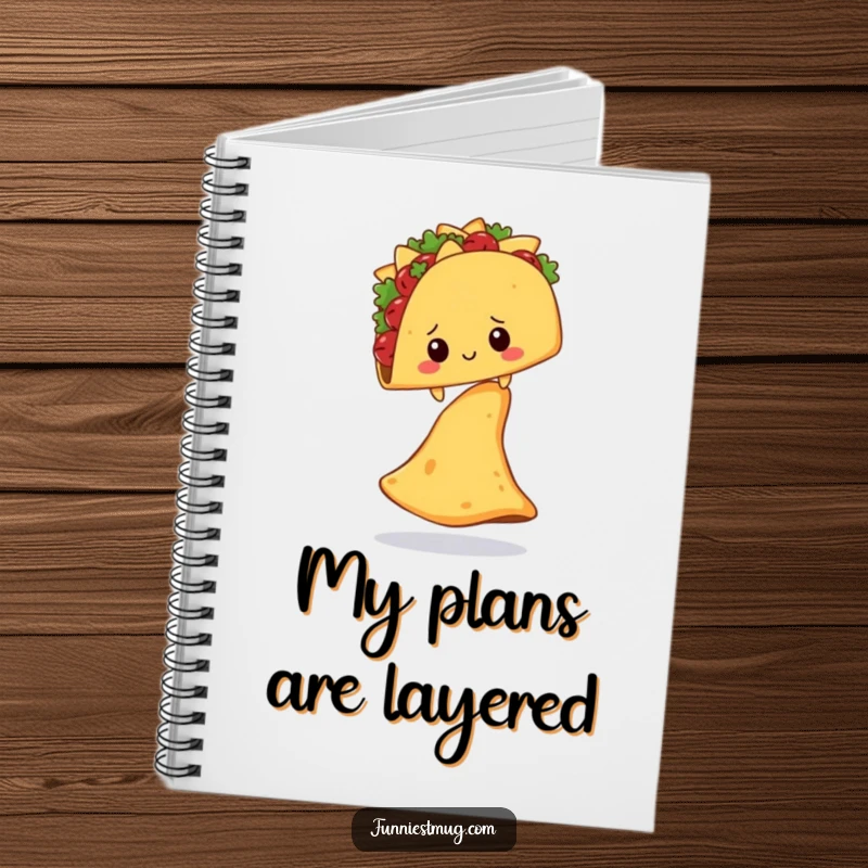 Funny Shy Taco Nacho Chip Notebook: A shy taco character balances on a giant nacho chip, ideal for funny notes.