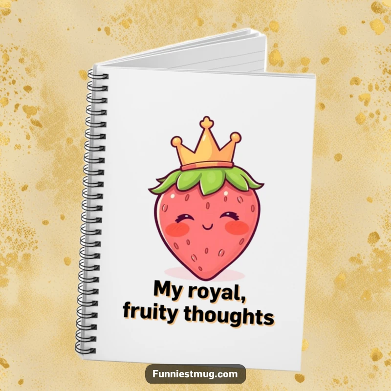Funny strawberry notebook featuring a blushing character with a crown, winking shyly, ideal for jotting down thoughts with a touch of royal humor.