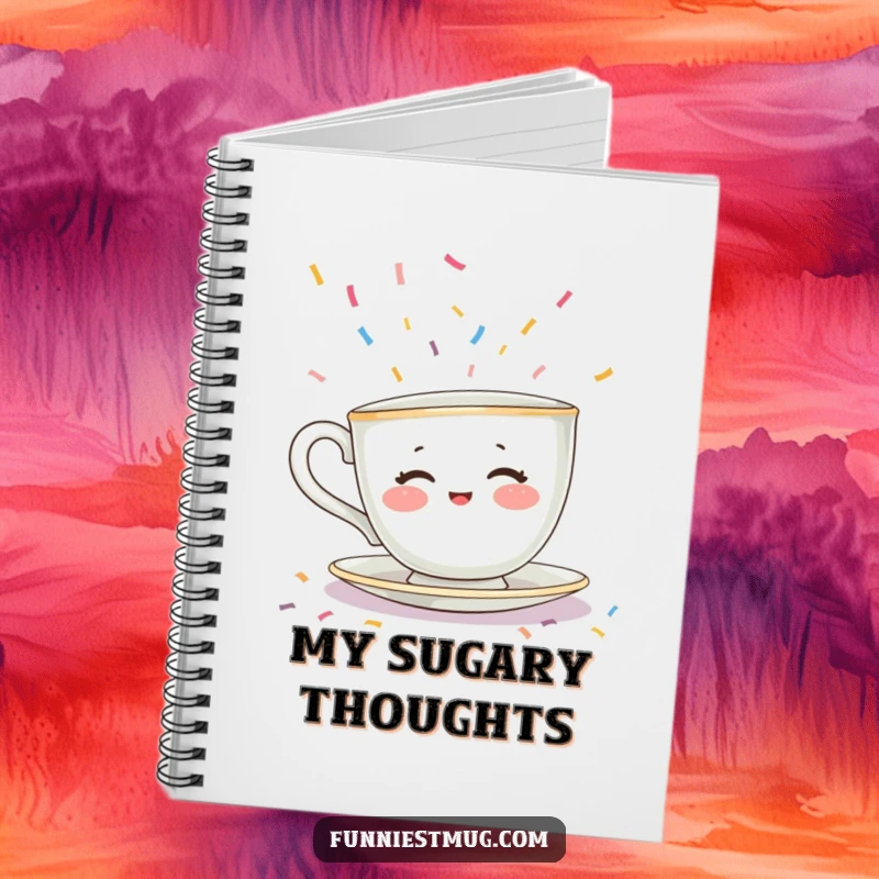 Funny notebook cover with a shy teacup character with rosy cheeks trying to escape a flood of tiny, colorful sprinkles. For notes.