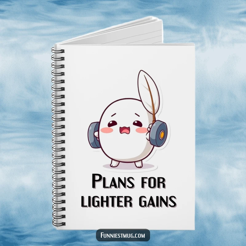 Funny Kawaii dumbbell character straining to lift a feather, inspiring humorous thoughts in this notebook.