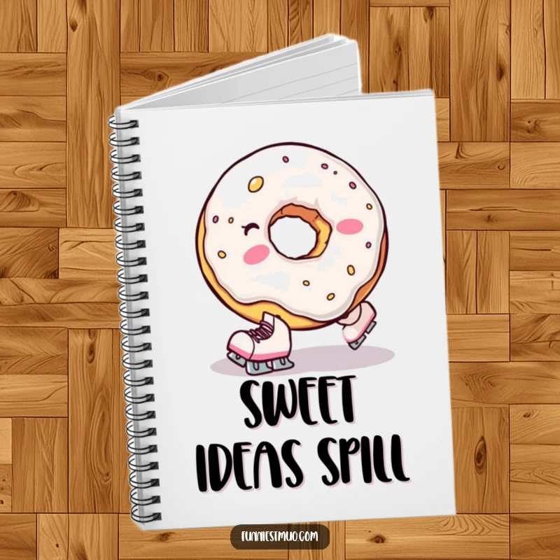 Funny notebook with a clumsy donut hole wearing tiny skates, comically falling, perfect for jotting down sweet thoughts.