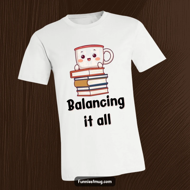 Funny Kawaii t-shirt featuring a coffee mug character comically attempting to balance a precarious stack of books, looking stressed.
