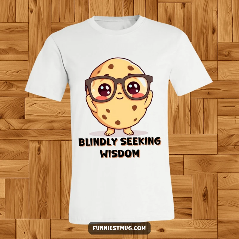 Funny cookie character trying on oversized reading glasses, wearing a t-shirt.