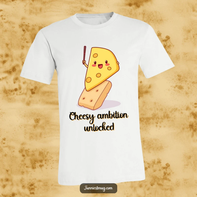 Funny t-shirt depicting a determined cheese wedge character pole vaulting over a giant cracker, highlighting a humorous and athletic dairy-themed scene.