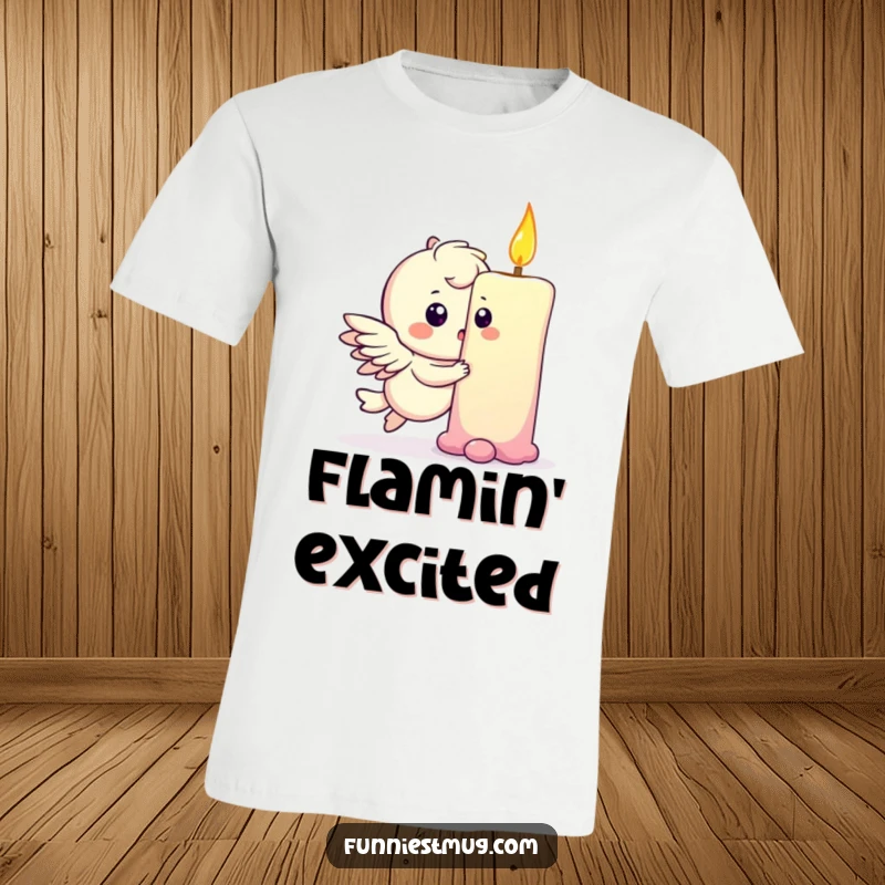 Funny t-shirt graphic of a playful winged character gently bumping into a giant birthday candle with a look of surprise.