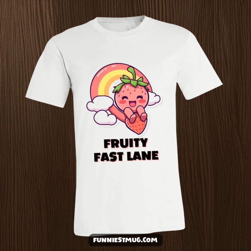 Funny t-shirt showcasing a happy strawberry character dramatically sliding down a vibrant rainbow, radiating pure, whimsical joy and adventurous spirit.