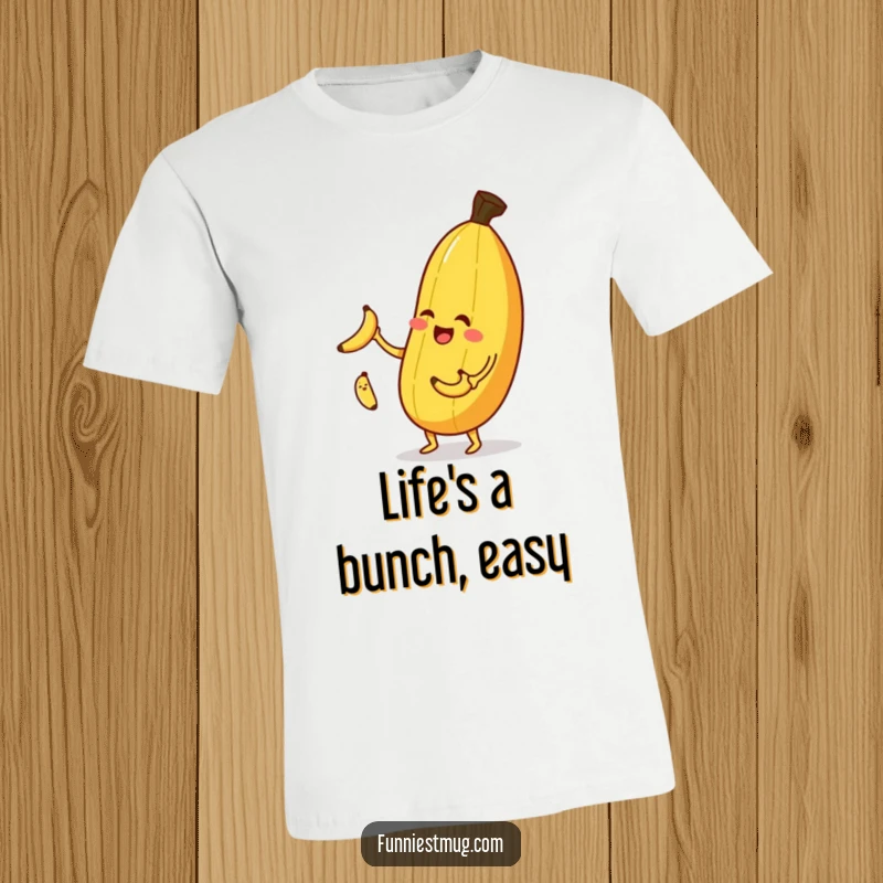 Funny banana juggling t-shirt, a cheerful banana winking while juggling smaller bananas.