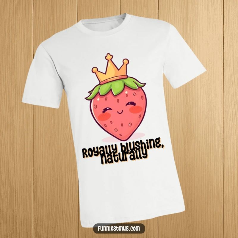 Funny strawberry t-shirt with a tiny crown blushing and winking, capturing a sweet yet cheeky expression for a humorous apparel gift.