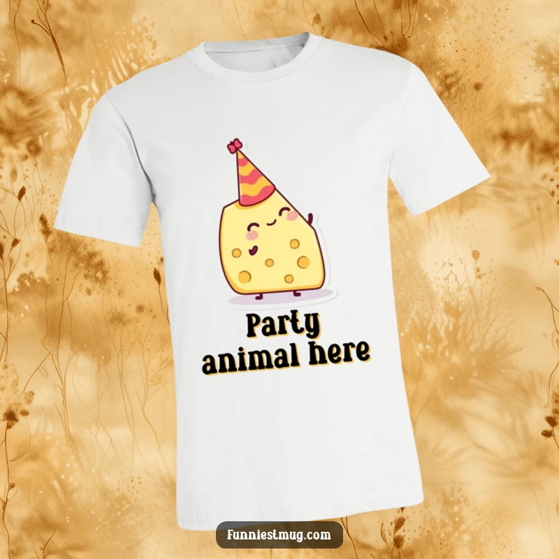 Funny T-Shirt: Jolly cheese wedge attempting to balance a tiny party hat, a humorous and festive design.