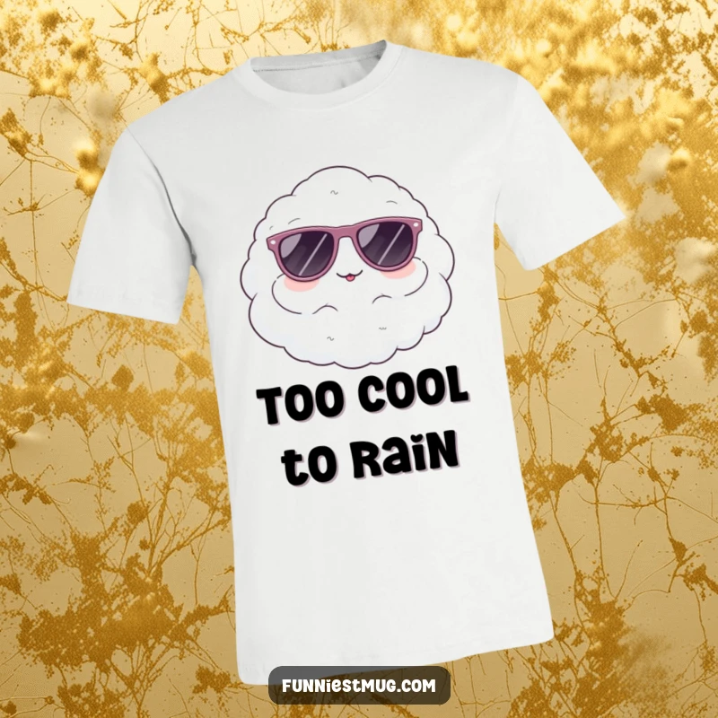 Funny t-shirt showing a cute, fluffy cloud character comically trying on a pair of large sunglasses, a breezy design.