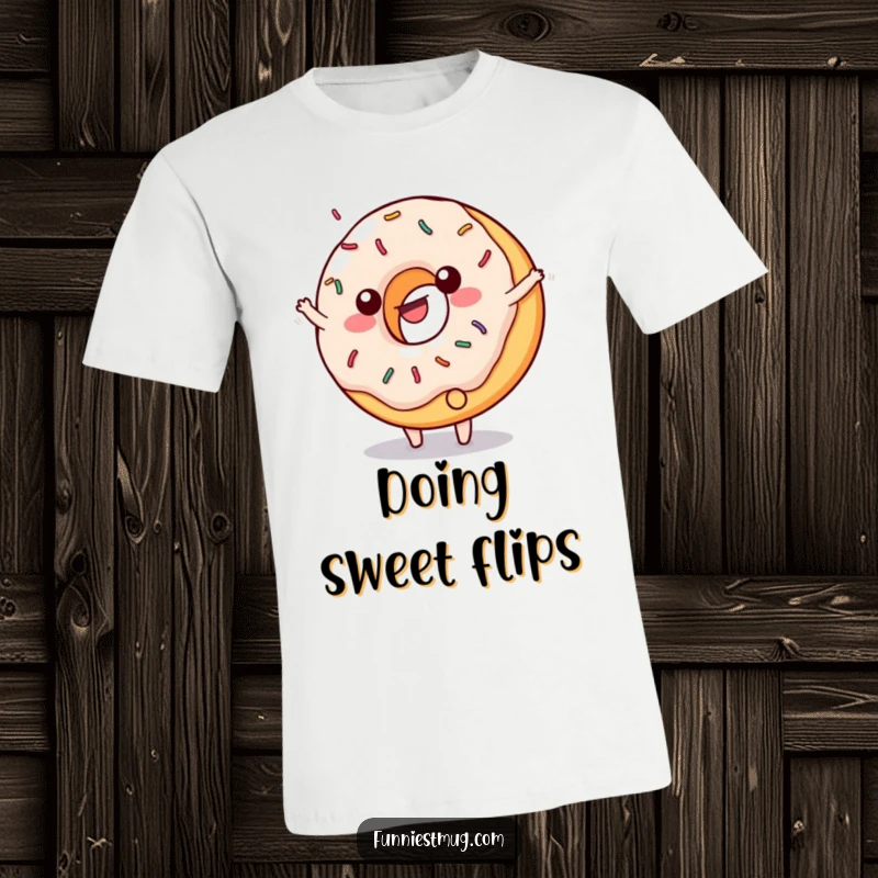 Funny t-shirt illustration of a happy, sprinkled donut doing a cartwheel with frosting flying.