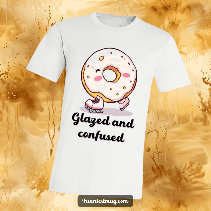 Funny t-shirt featuring a clumsy donut hole wearing tiny skates, comically falling, a humorous and cute design.