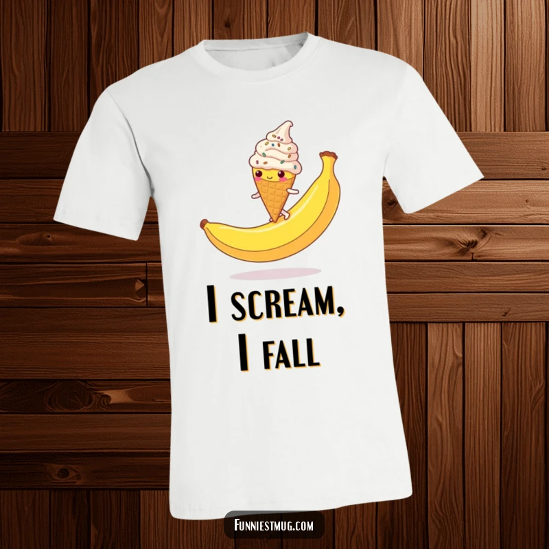 Funny Ice Cream Cone T-Shirt: A clumsy, sprinkle-covered character hilariously slipping on a giant banana peel, a fun graphic tee.