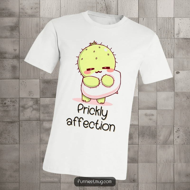 Funny Kawaii t-shirt showing a cactus character wincing as it attempts to hug a fluffy pillow.