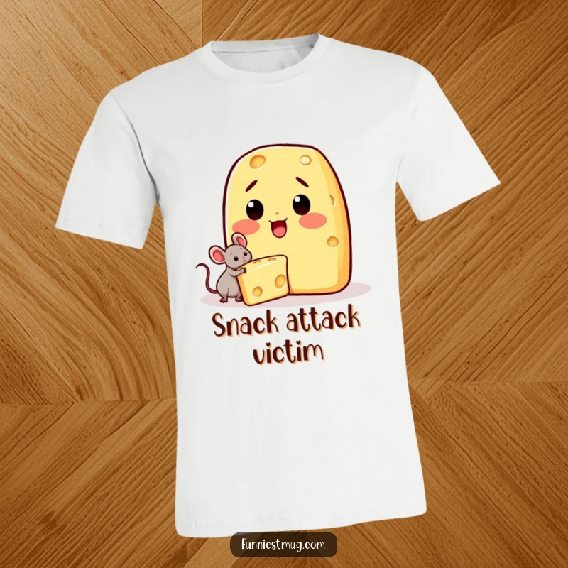 Funny Kawaii t-shirt showing a surprised cheese character with a tiny mouse absconding with a piece of its wedge.