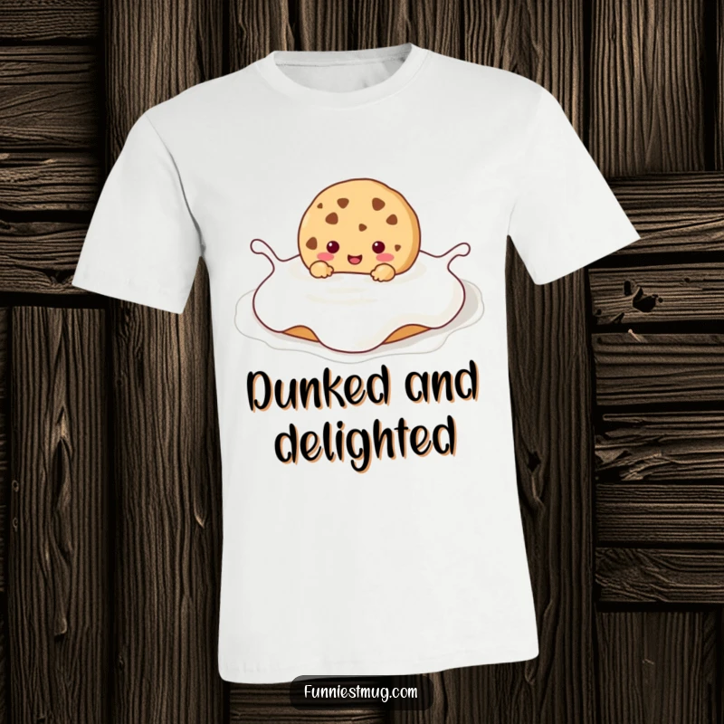 Funny Kawaii cookie character blissfully drowning in a huge milk puddle, depicted with humorous joy on a t-shirt.