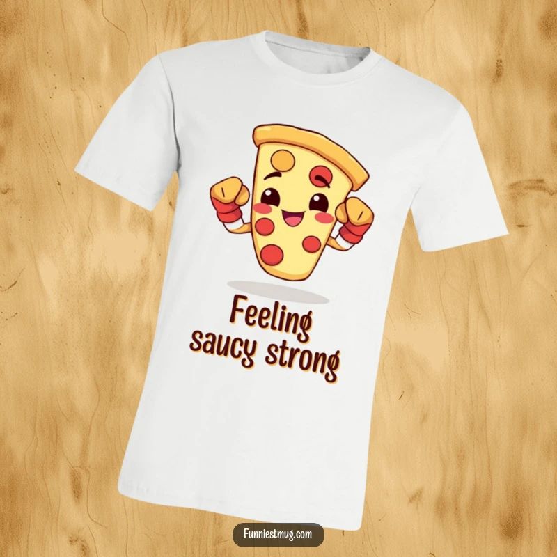 Funny t-shirt with a happy pizza slice wearing boxing gloves and flexing, showing off its strength.
