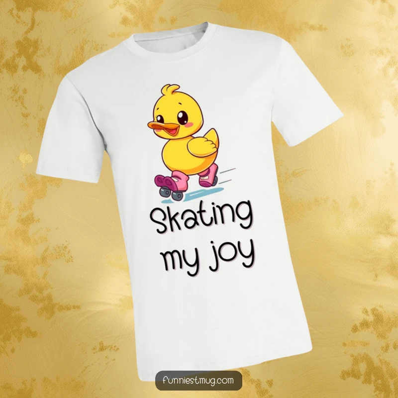 Funny t-shirt depicting a gleeful rubber ducky wearing oversized roller skates and speeding away with great joy.