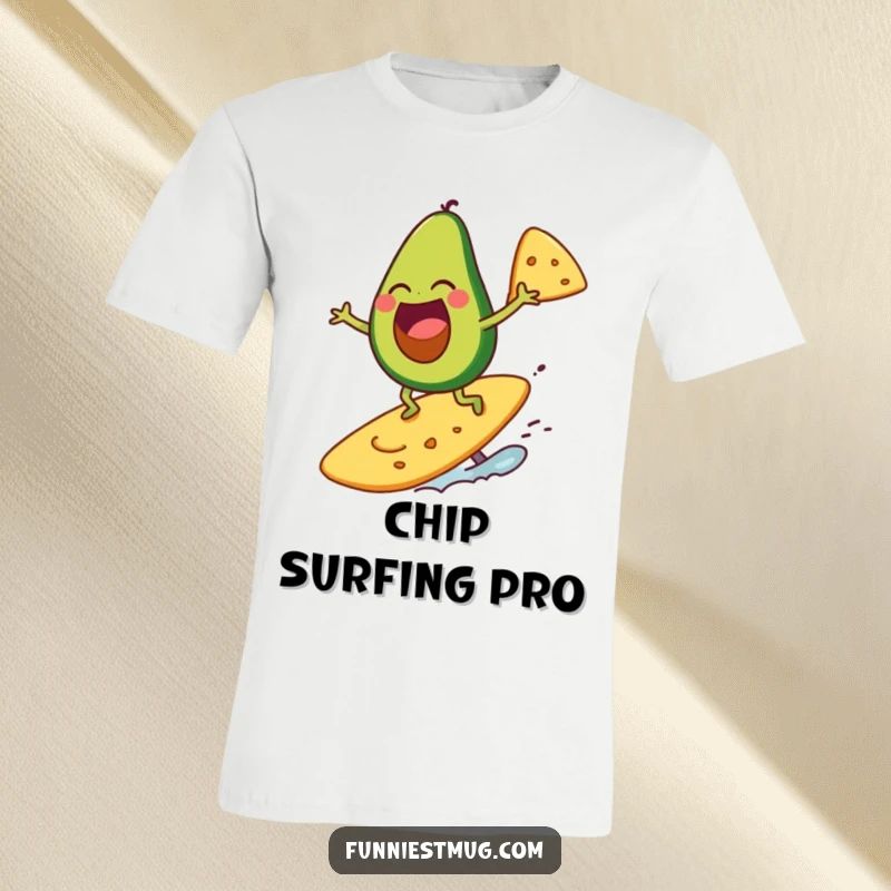 Funny avocado character laughing while surfing on a giant tortilla chip, wearing a t-shirt.