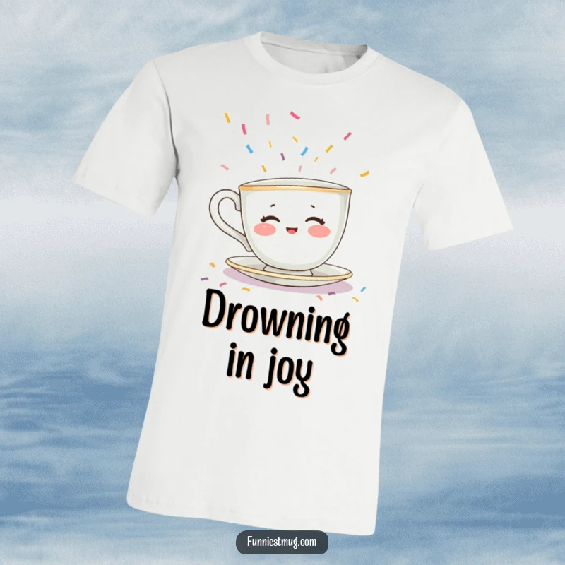 Funny T-shirt of a shy teacup character with rosy cheeks being swamped by a flood of tiny, colorful sprinkles. Cute and humorous.