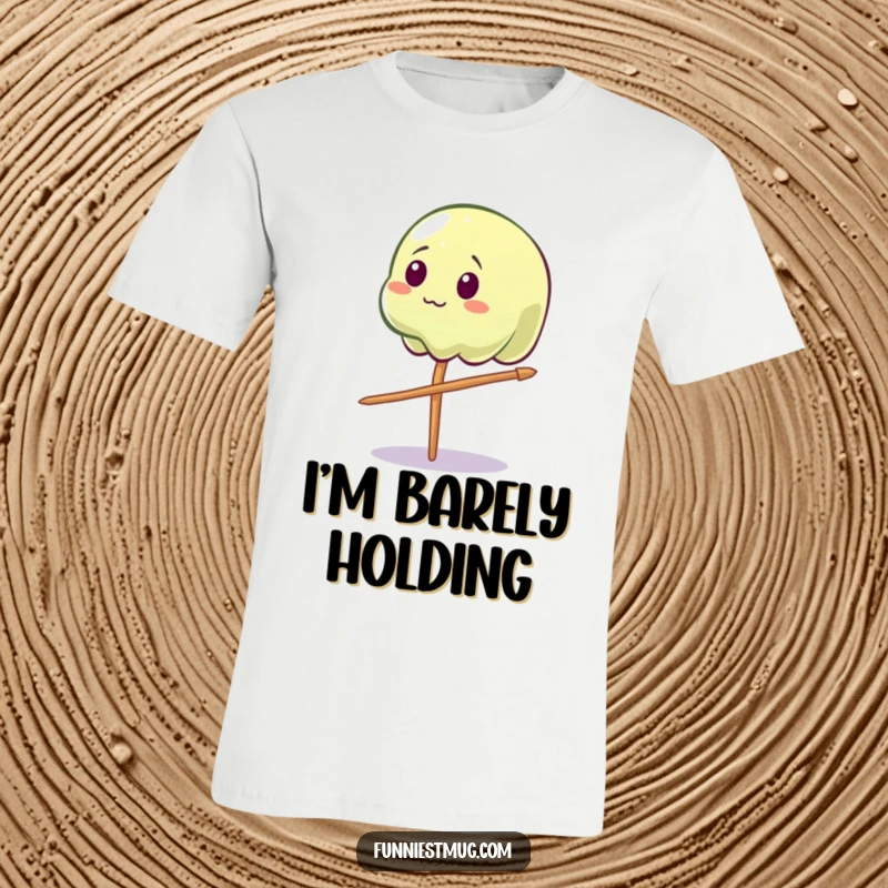 Funny Wobbly Jelly T-Shirt: Features a wobbly jelly character comically trying to balance on a toothpick, great for laughs.