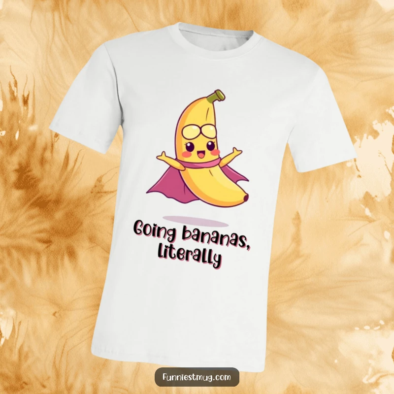 Funny t-shirt featuring a mischievous banana wearing a cape, attempting to fly, a humorous take on superhero aspiration.
