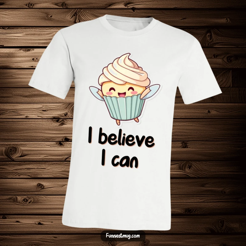 Funny Flying Cupcake T-Shirt: Features a cheerful cupcake character with oversized frosting trying to fly, great for gifting.