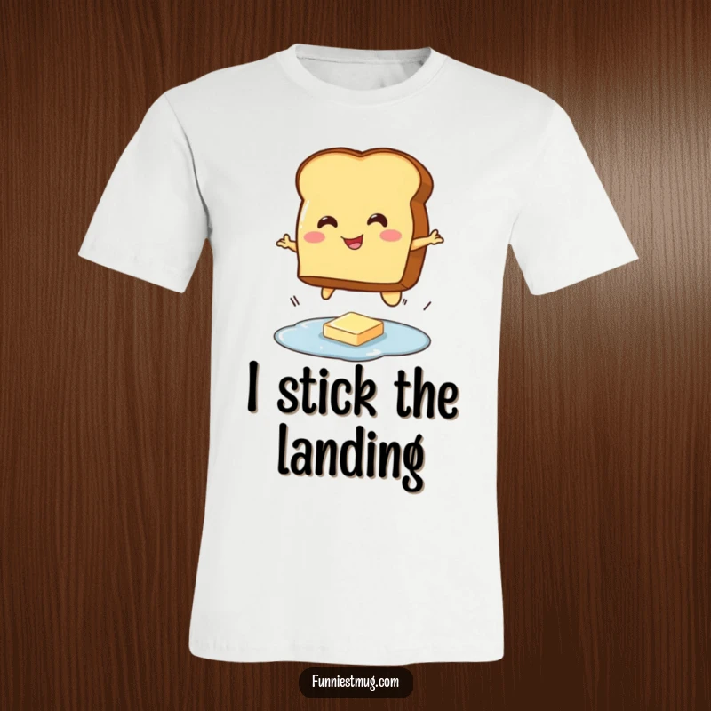 Funny t-shirt with a smiling toast character mid-air, attempting to jump over a tiny butter puddle, a comical breakfast scene.